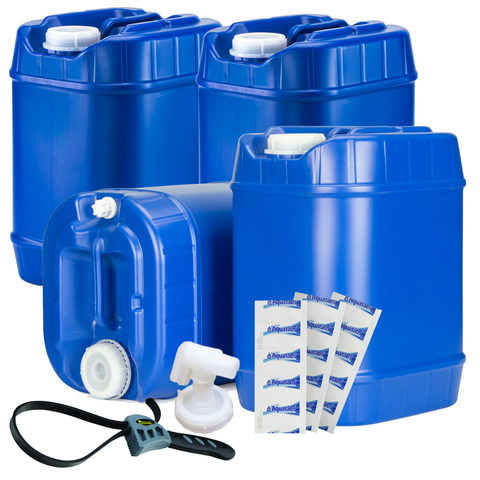 5 Gallon Stackable Blue Water Tank ‐ Set of 6 w/2 spigots and water treatment