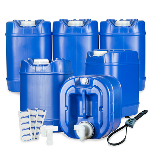 5 Gallon Stackable Blue Water Tank ‐ Set of 4 w/spigot and water treatment