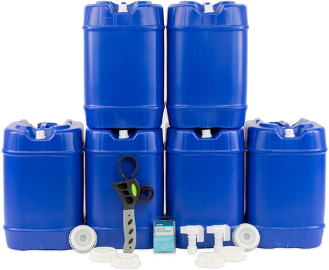 5 Gallon Stackable Blue Water Tank ‐ Set of 6 w/2 spigots and water treatment